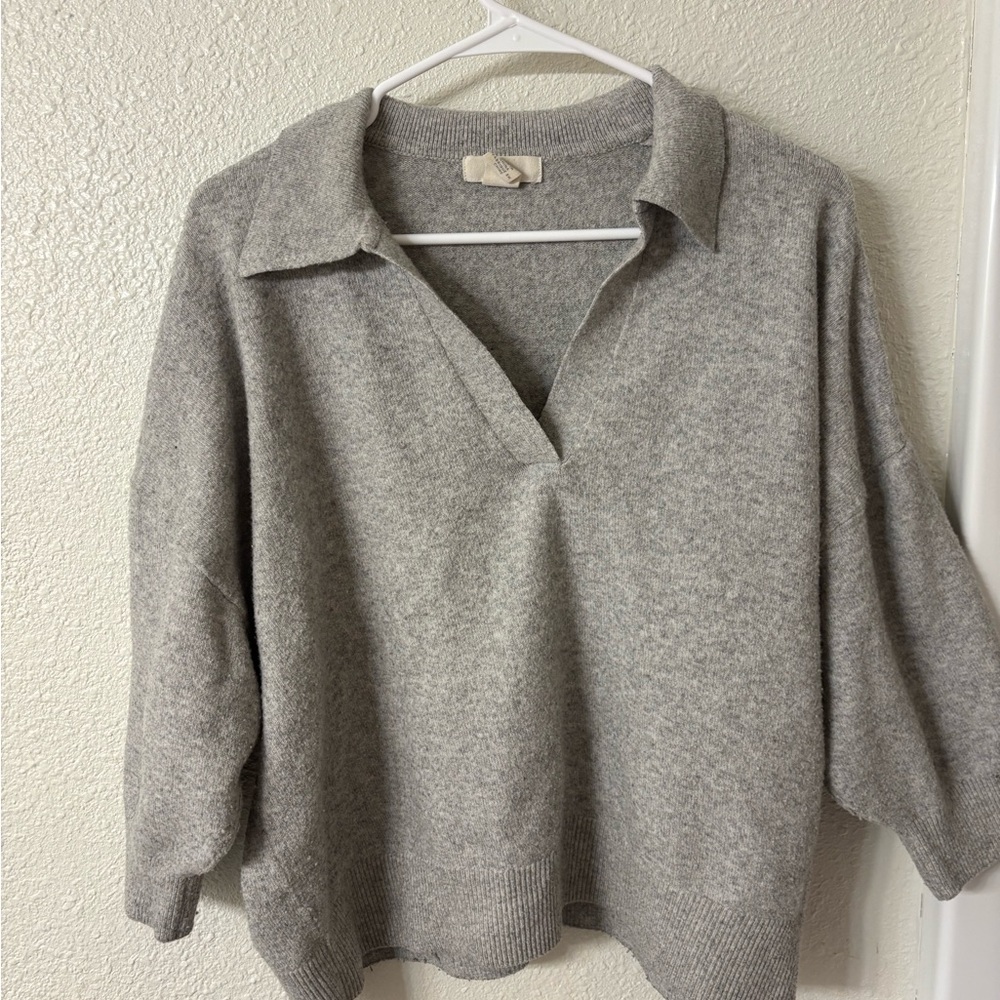 Grey V-Neck Collared Sweater